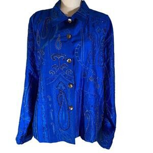 Chico’s 3 Jacket Grandmacore‎ vintage Pure Silk Embroidered Blue Paisley Size XL